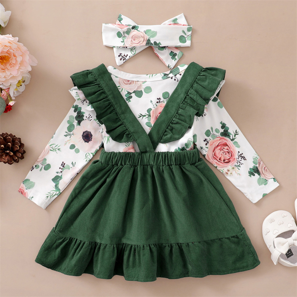 新生児用長袖トップスとサスペンダースカートのセット,0〜12か月,ファッショナブルな服装,3ピース,春秋