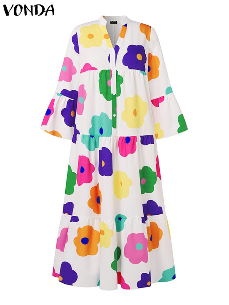 VONDA-フリル付きマキシドレス,エレガントなロングドレス,ラウンドネック,フレアスリーブのプリント,ルーズフィット,ラージサイズ,5xl,秋,2021