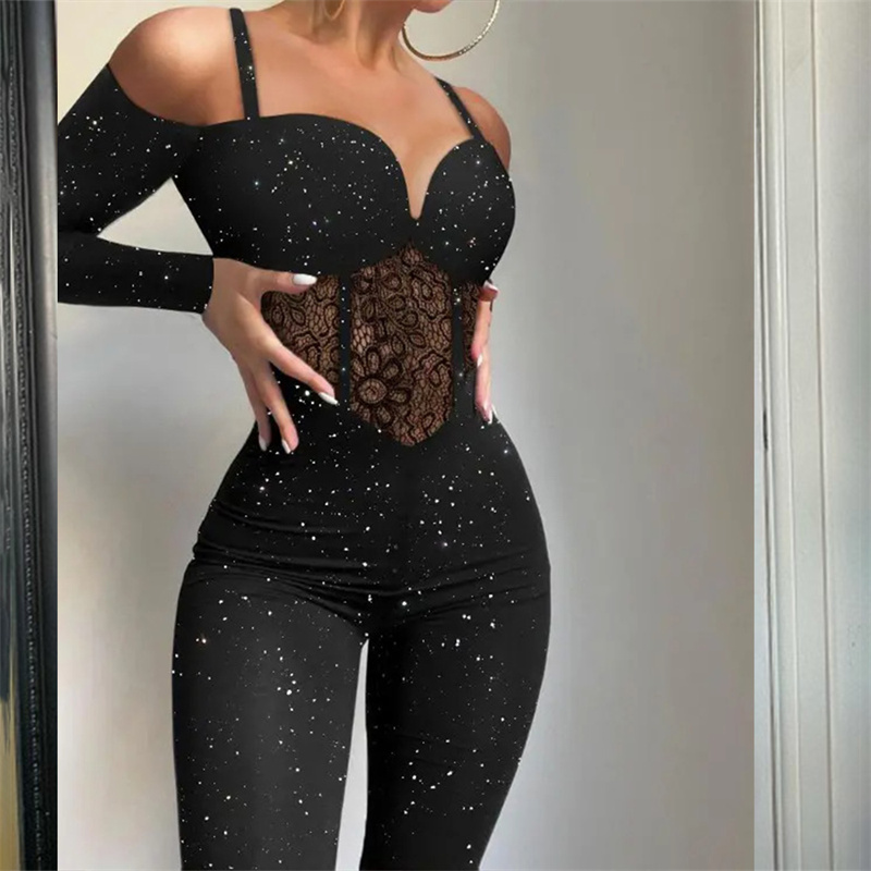 Mono de manga larga con tirantes transparentes de encaje para mujer, peleles sexys con hombros descubiertos y purpurina, pantalones pitillo para mujer 24