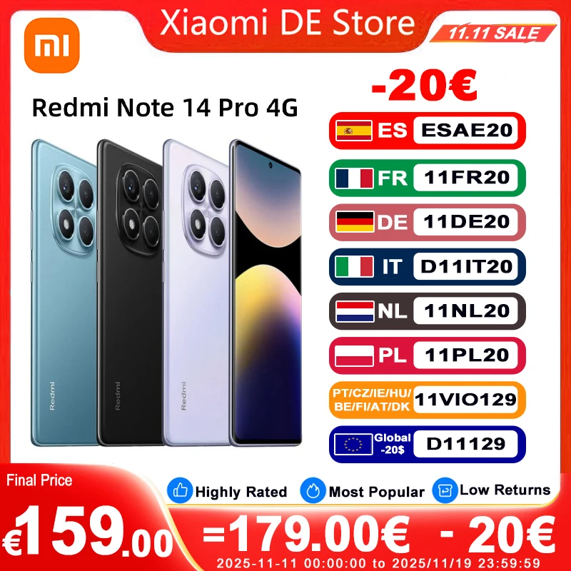 Xiaomi Redmi Note 14 Pro 4G Versione Europea 8+256GB MediaTek Helio G100-Ultra Display AMOLED da 6,67" 120Hz Fotocamera principale OIS da 200MP, Ricarica da 45W, Batteria da 5500 mAh, IP64, NFC