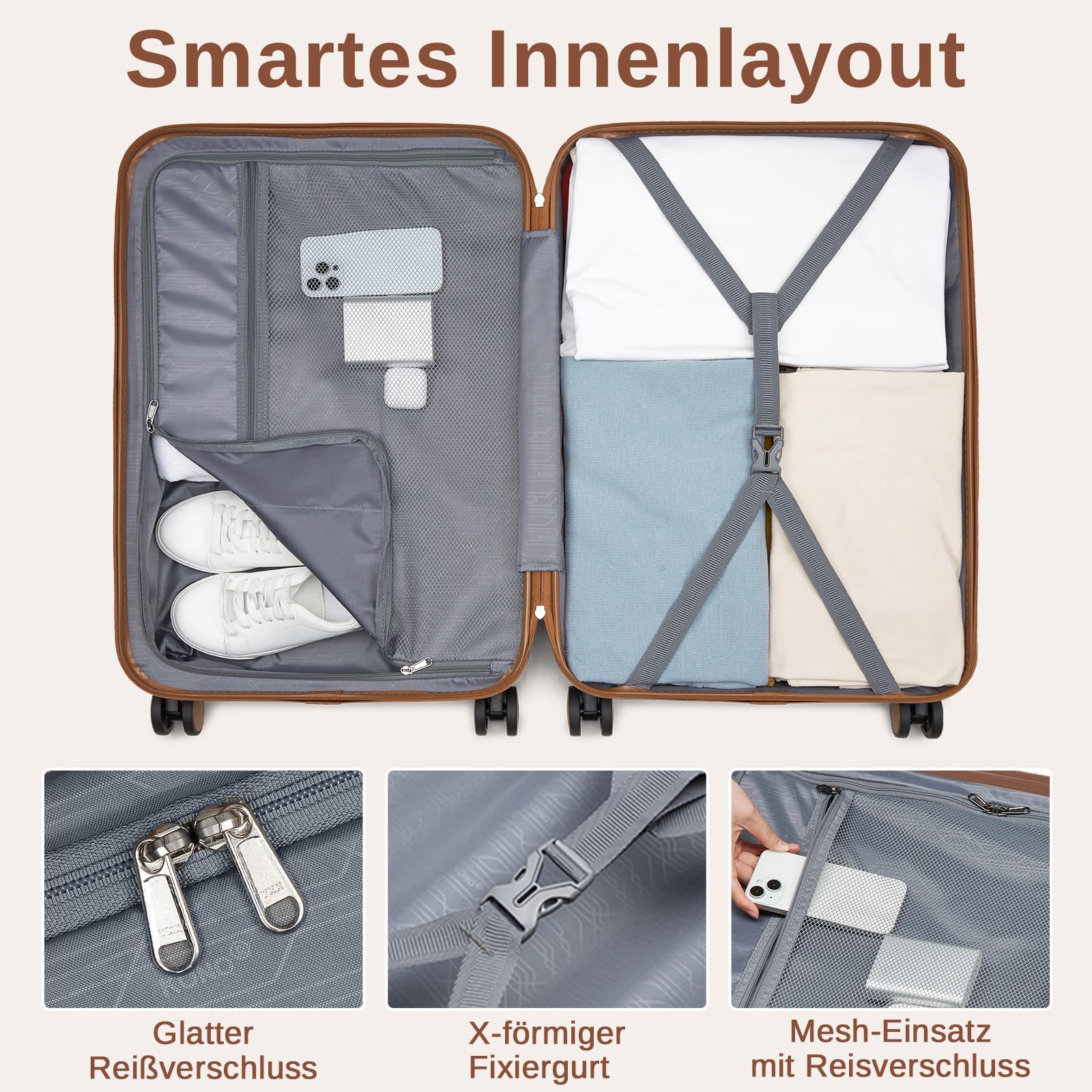 Zestaw walizek KONO Hard Shell Case (55/66/76 cm) PC z obrotem 360 stopni °   Zamek rolkowy i szyfrowy