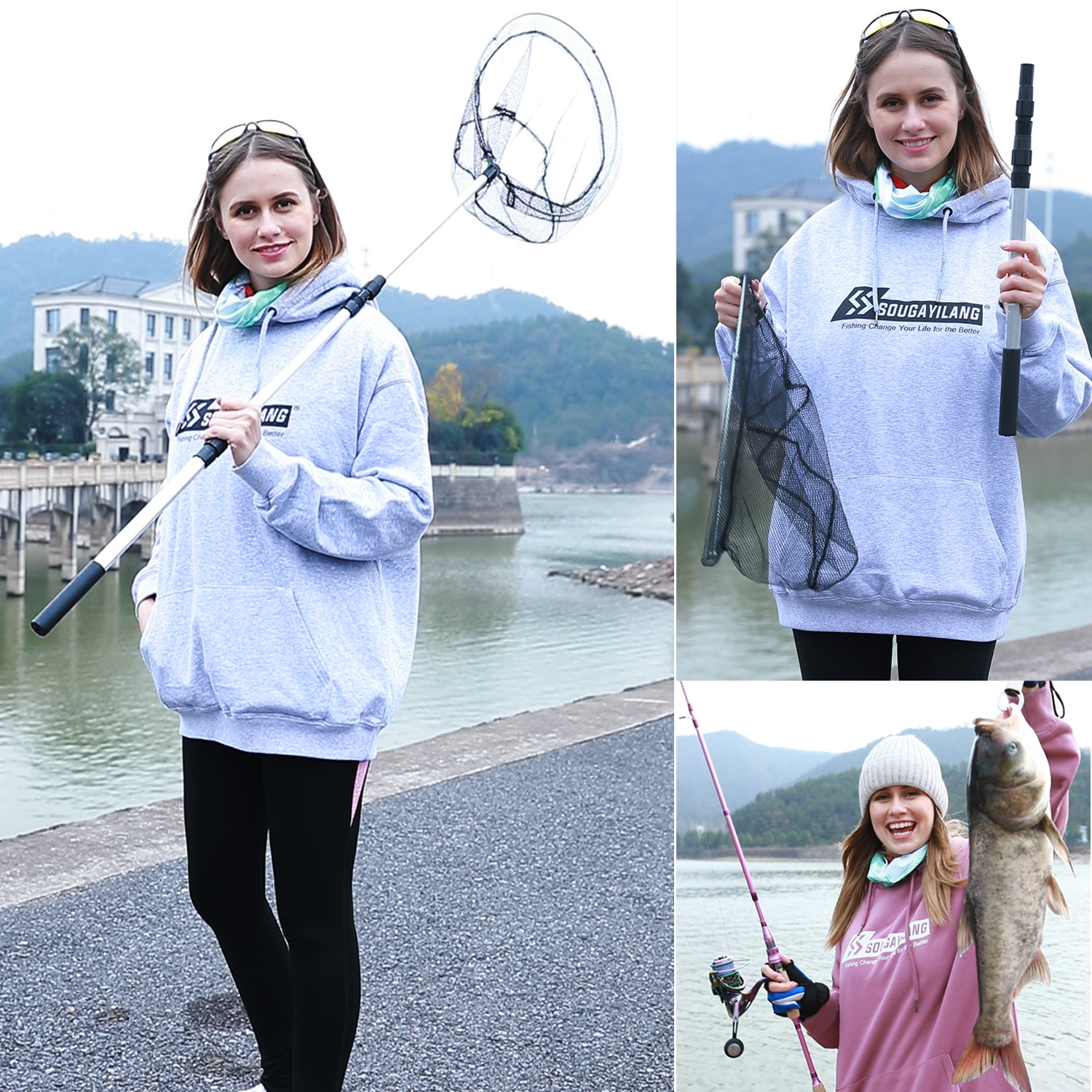 Sougayilang 낚시 그물 알루미늄 합금 텔레스코픽 고무 손잡이는 150cm 접이식 낚시 그물까지 확장됩니다.