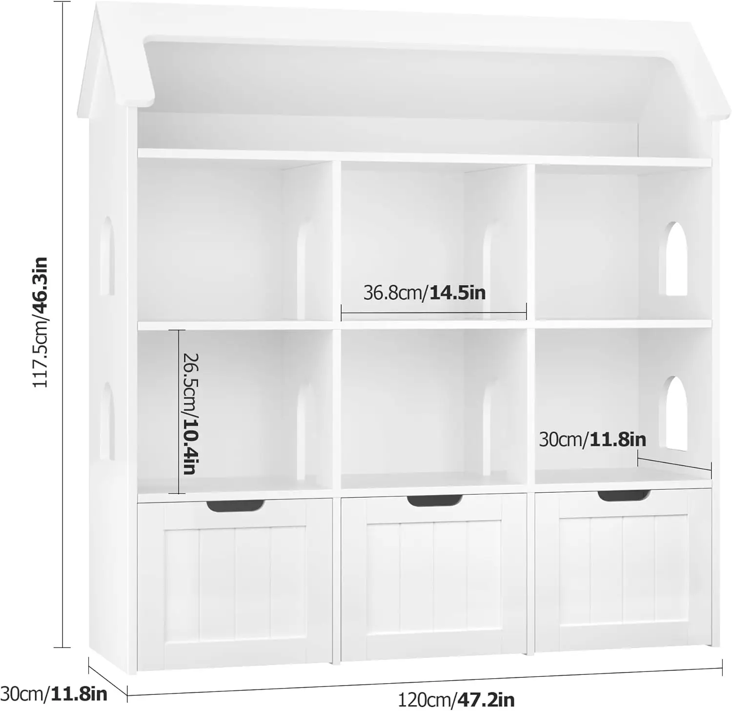 Toy Storage Organizer with House-Shaped Design, Kids Bookshelf Dollhouse Bookcase with 3 Movable Drawers and 6 Storage , Toy Org