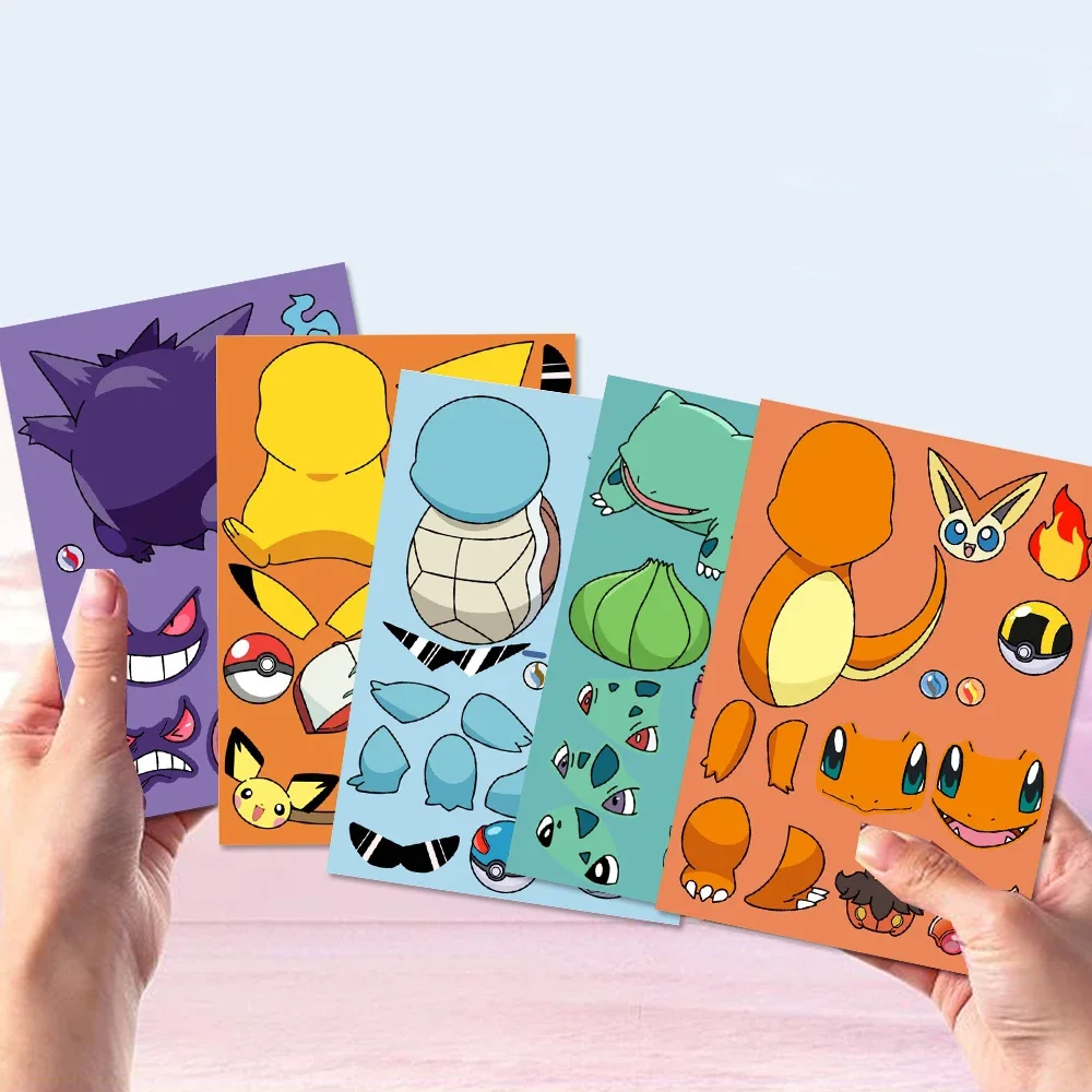 8/16 แผ่น Pikachu Pokemon เด็กปริศนาสติกเกอร์ Make-a-Face ตลกประกอบจิ๊กซอว์ DIY สติกเกอร์การ์ตูนเด็กของเล่นเพื่อการศึกษา