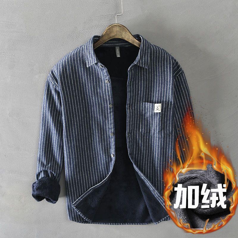 Camisa informal de rayas verticales para hombre, abrigo de algodón de manga larga, camisas con botones, Tops diarios cómodos, más terciopelo, Otoño e Invierno