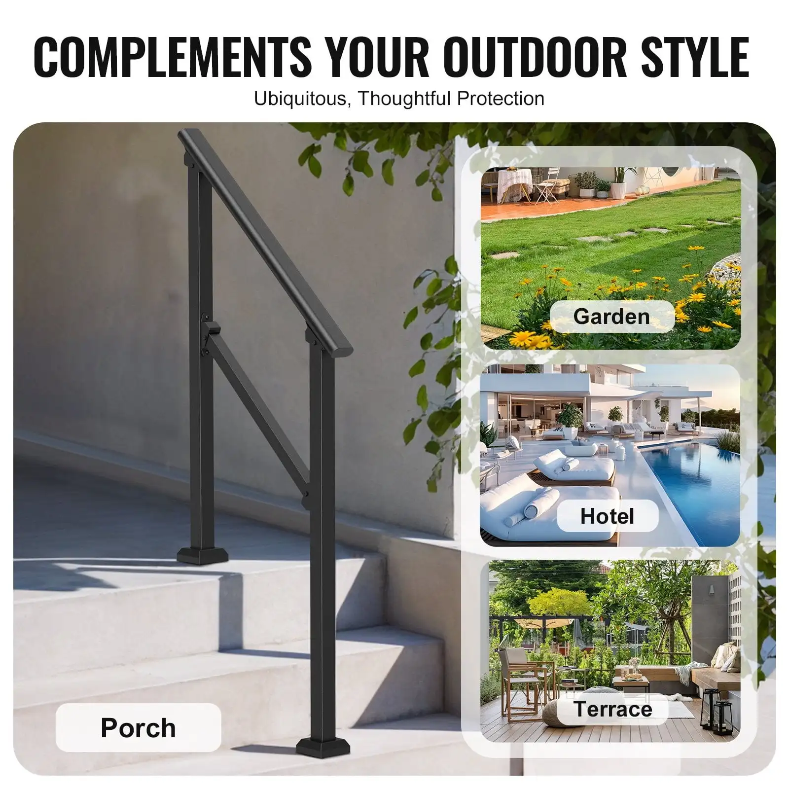 2-3 Handrails for Outdoor for Seniors Porch Deck Black Square Tube Steel