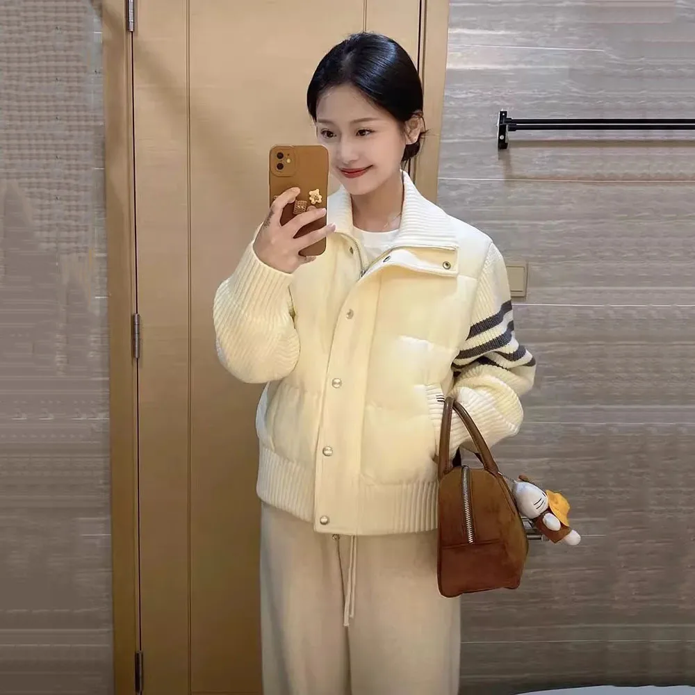 เสื้อผู้หญิงฤดูหนาว 2024 แฟชั่นถักแขนยาวSplicingเสื้อฝ้ายฤดูใบไม้ร่วงกีฬาParkaหญิงสั้นOutwear
