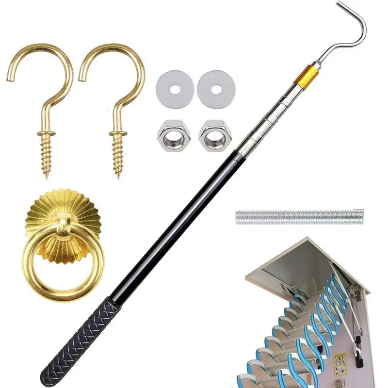 Ladder Pull Down System Attic Pull Down Hook Parts Set Extension Pole and Copper Storage Hook Handle Parts Tool for Home Hotel