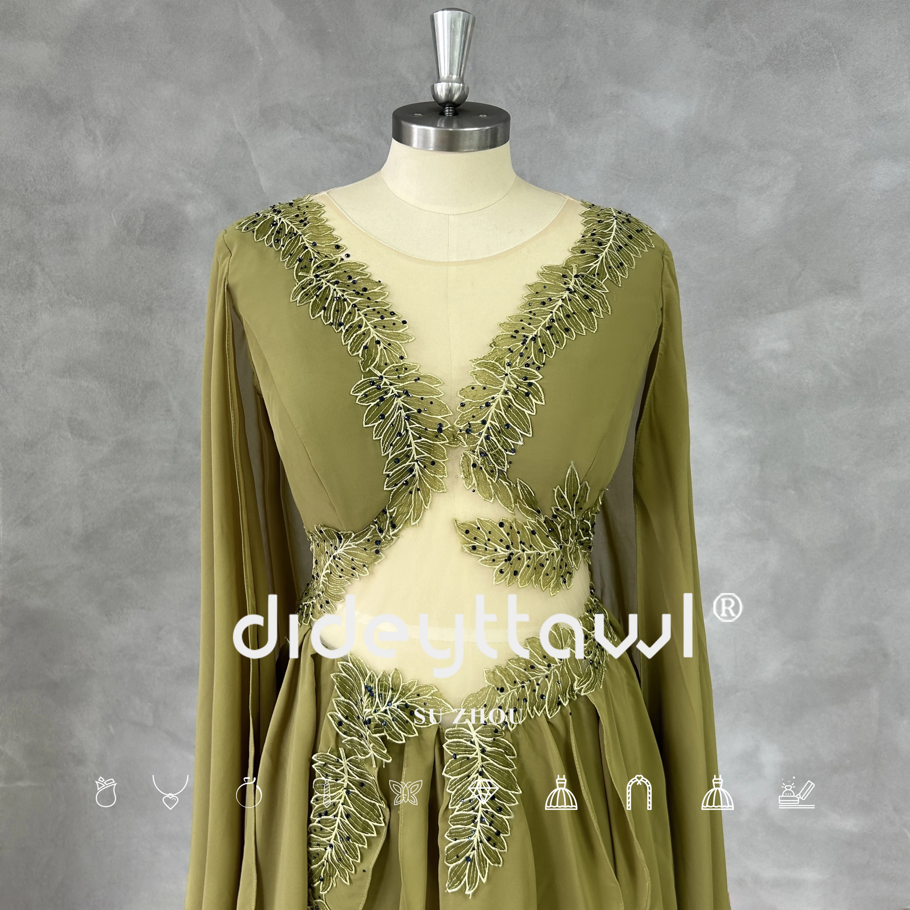 DIDEYTTAWL 브이넥 컷 아웃 긴팔 무도회 원피스, 실제 사진, 에라스 투어 리프 아플리케, A 라인 티어 레이스업 백 이브닝 가운
