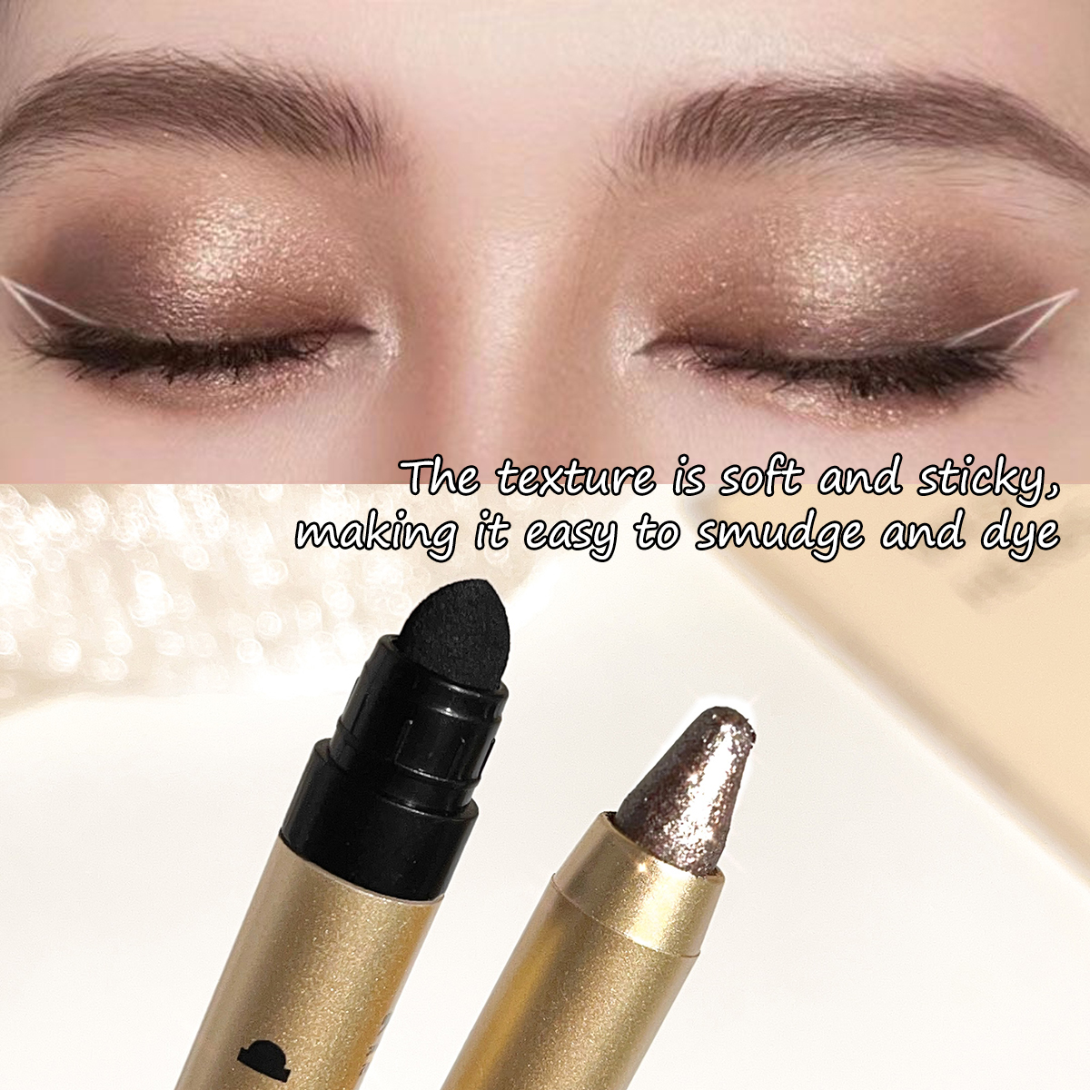 Glowing highlighter eye shadow pencil with pearlescent shimmer and fine glitter for brightening and a dimensional effect