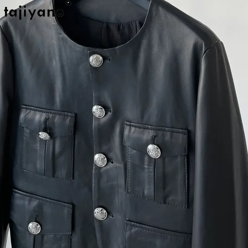 Tajiyane-女性用本革ジャケット,ショート,ラウンドネック,牛革,シングルブレスト服