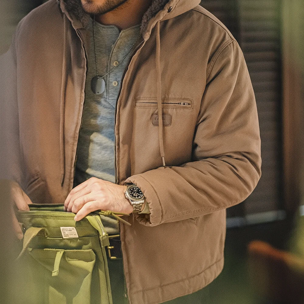 Maden retro j141 jaqueta com capuz ativo cor sólida sherpa velo algodão-acolchoado casaco com veludo quente lona outerwear para homem