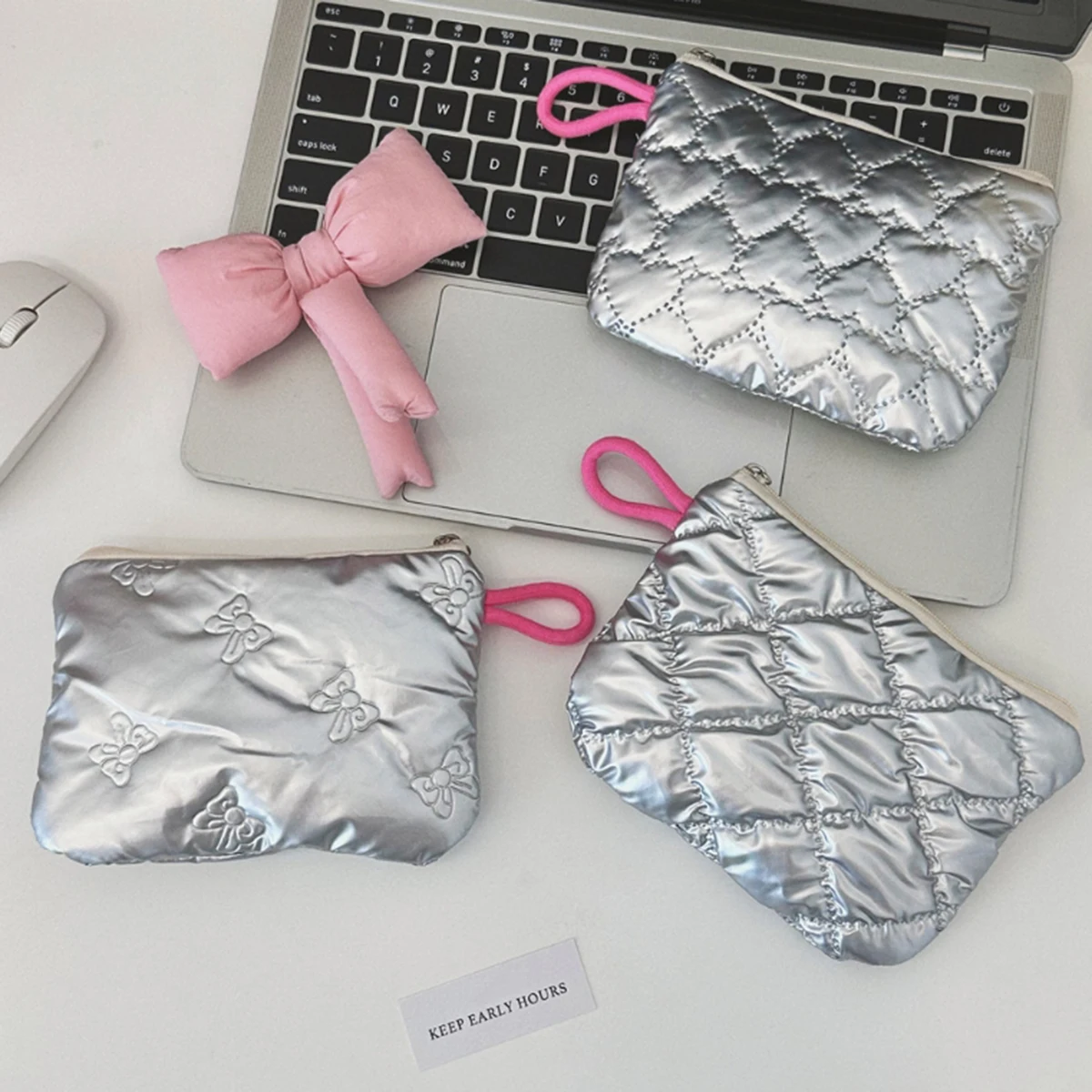 Portamonete con motivo a fiocco Lingge in argento Portamonete in tela piccola Lady Girls Auricolare Portamonete Portamonete Custodia con cerniera
