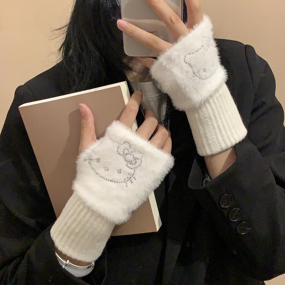 Kt Anime Sanrios süße Hello Kitty Plüsch Halbfingerhandschuhe Cartoon Kawaii Fliege weich verdicken warmer Schutz vor kalten Studenten