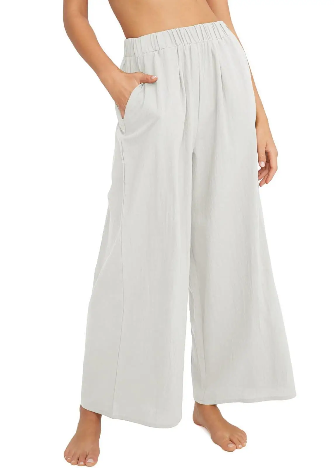 Women's Solid Color Comfortable Casual Hundred Lazy Style Wide Leg Pants with Pockets High Waisted Loose Seven Pants