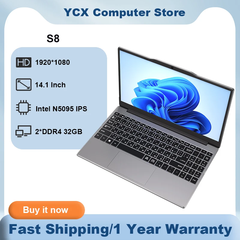 S8 portátil fino y ligero 14,1 '' intel N5095 1920*1080 60Hz mini portátiles 5000mah 2 * DDR4 32GB M.2 2TB SSD PCIE ordenador portátil