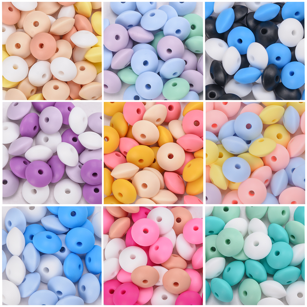 50 unids/lote de cuentas de lentejas de silicona de 12mm, sin BPA, dijes DIY, accesorio de lactancia para recién nacido, collar de dentición, juguete para la dentición