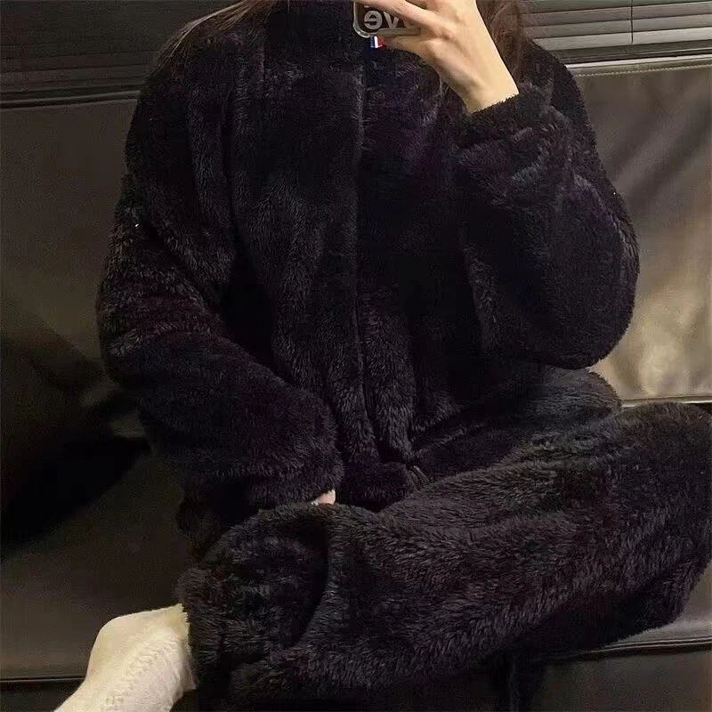 Invierno Coral nuevo polar cálido hombre pijamas cárdigan de cuello redondo conjunto de 2 piezas conjunto de pijama de Color sólido de moda para hombre conjuntos para hombre
