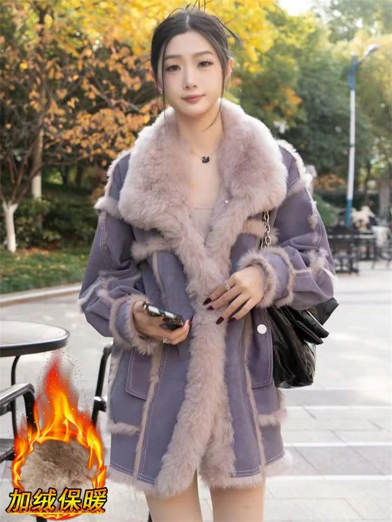 2024 inverno feminino novo engrossado moda pele do falso integrado jaqueta curta feminina estilo ocidental high-end jaqueta de algodão quente