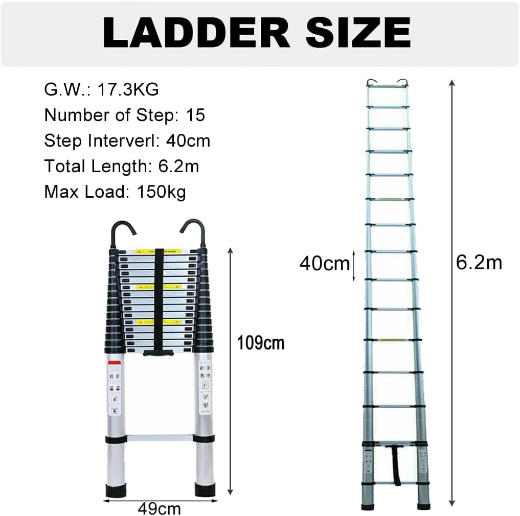 DayPlus Mehrzweck-Teleskopleiter, 6,2 m, mit abnehmbarem Haken, Aluminium-Klappleiter, rutschfest, ausziehbar, robust, 150 kg/330 lb