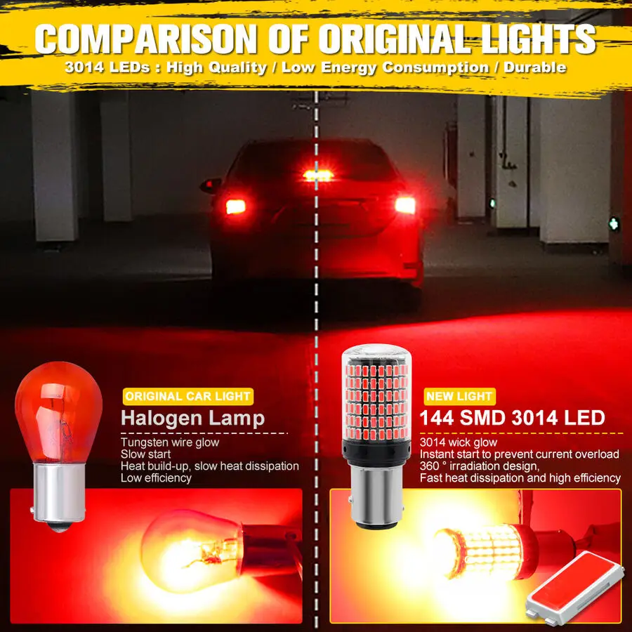 2x Đỏ 1157 BAY15D LED Xi Nhan Canbus 144 SMD 20W Phanh Ngược Đèn Đuôi Bóng Đèn
