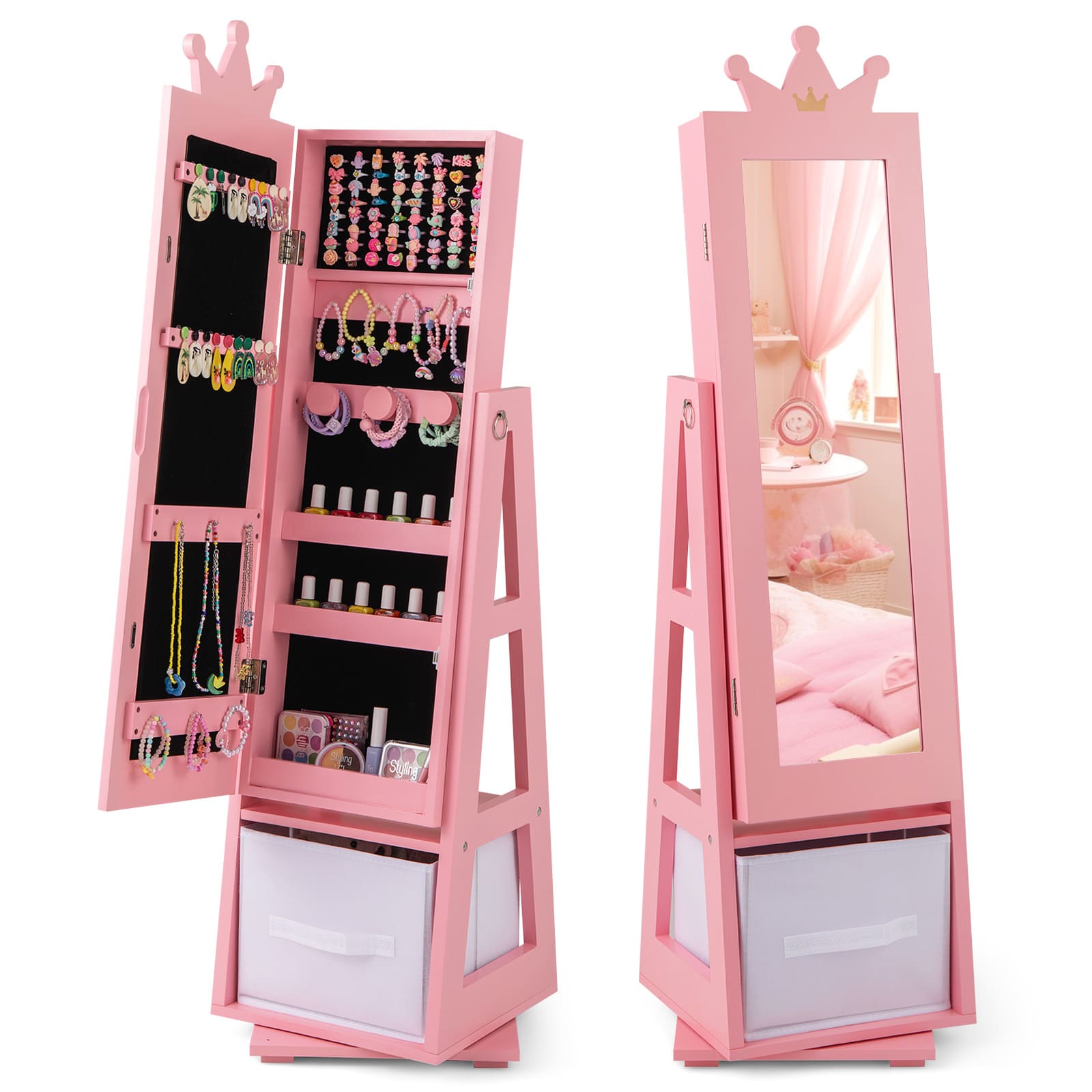 GOFLAME Kids Jewelry Cabinet Children Jewelry Organizer Full-Length Mirror-Pink
