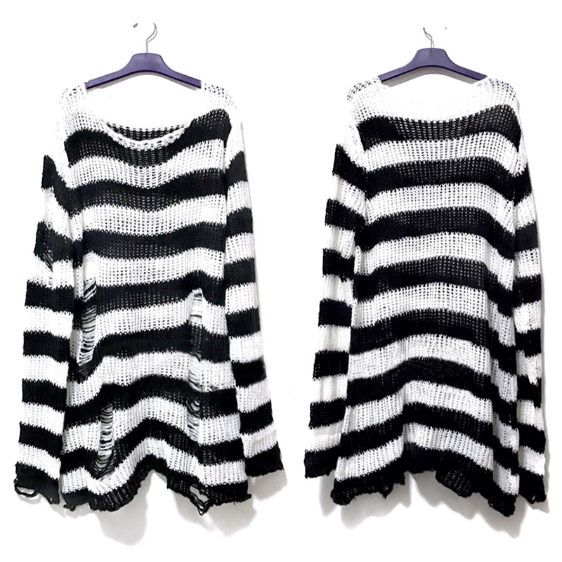 Nuovo maglione unisex lungo punk gotico estate donna a righe fresco scava fuori foro rotto maglione sciolto rock sottile scuro streetwear top