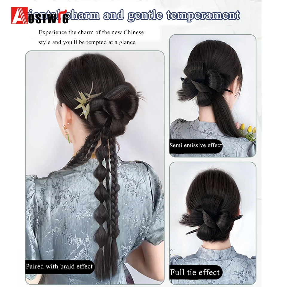 Synthetic Long Ponytail Flower Braid Two Strands Twisted Braid With Chignons New Chinese Style National Style Braided Bridal Hai
