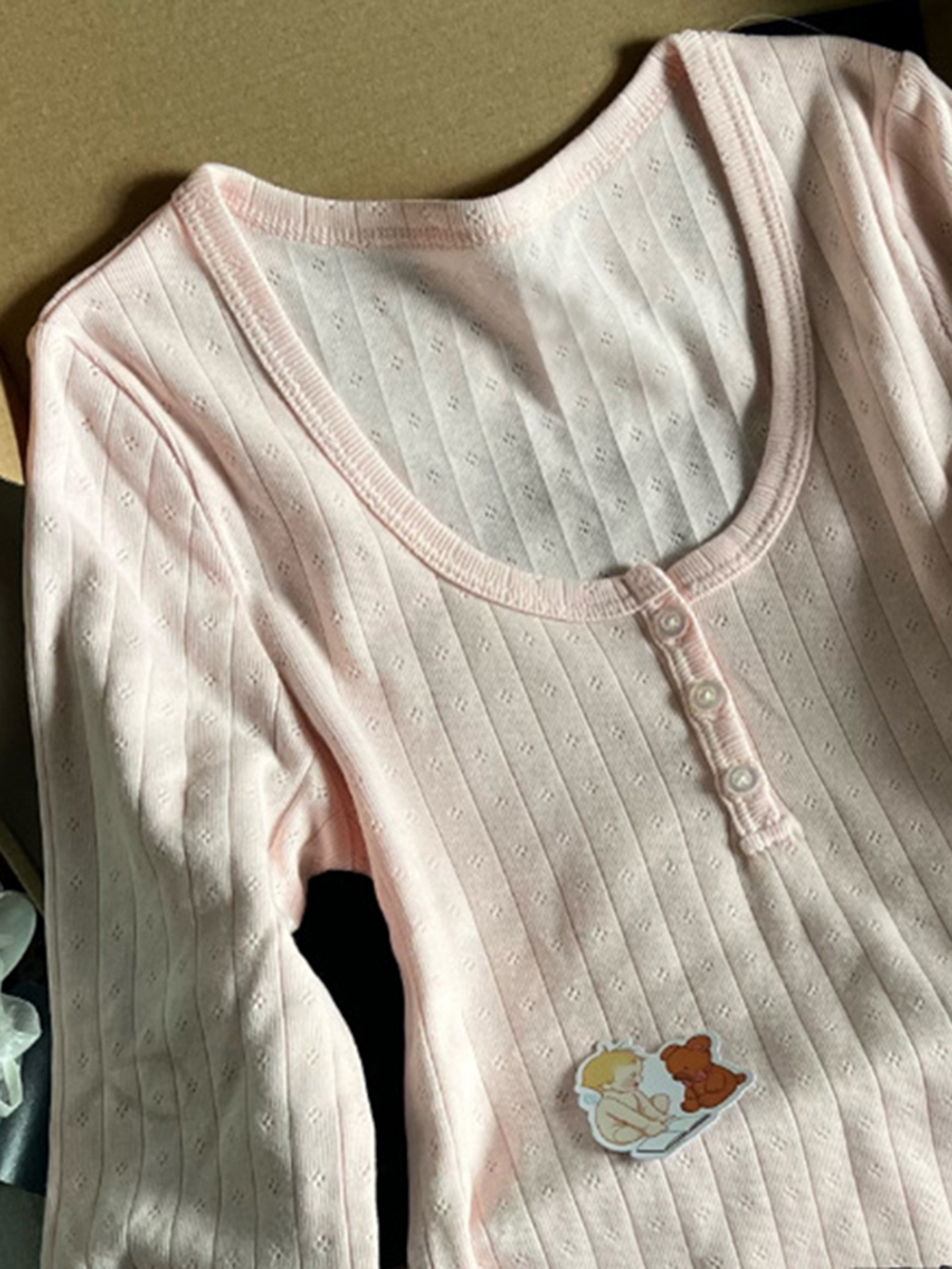 中空アウトピンク長袖 Tシャツ夏のラウンドネックボタン綿スリムセクシーなトップ女性のためのヴィンテージ甘いかわいい y2k トップスシック