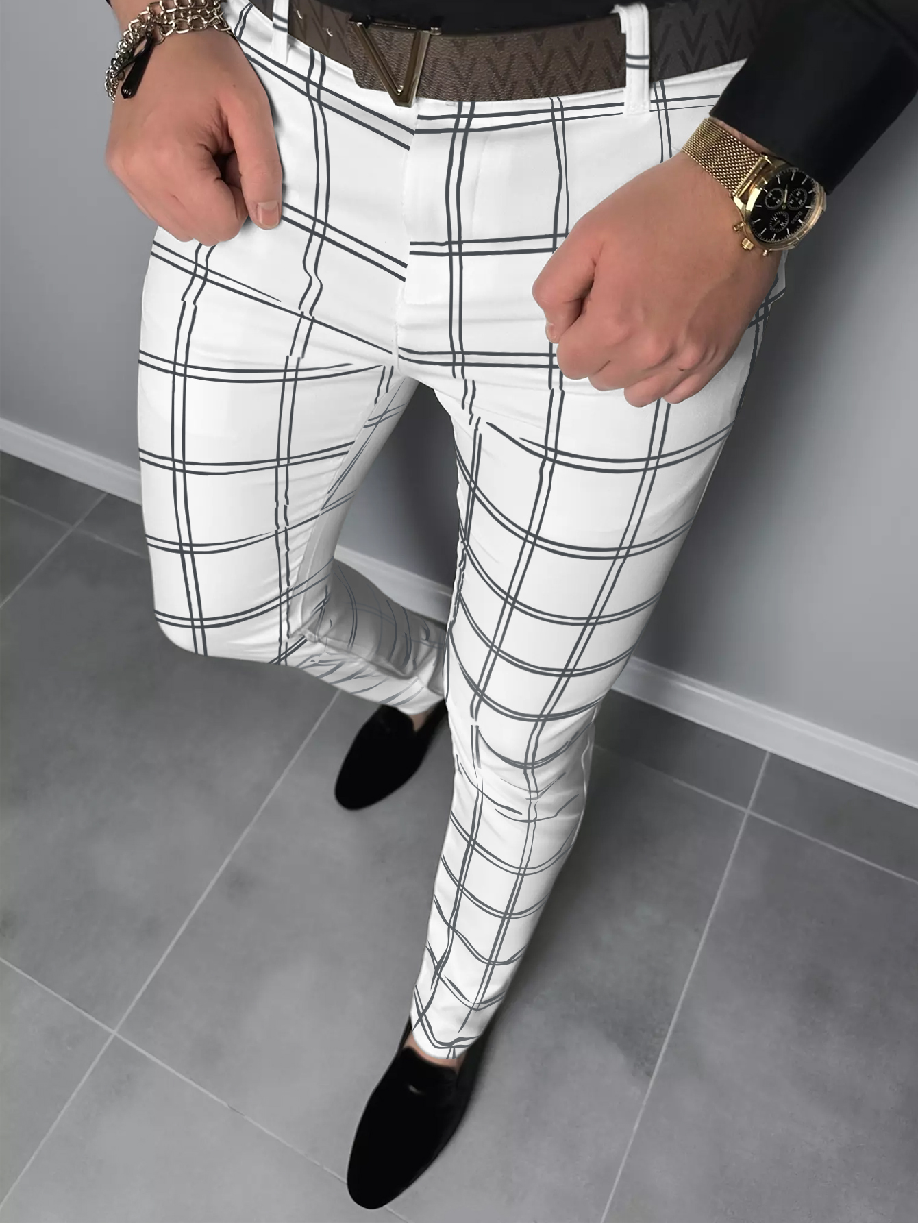 Calça quadriculada masculina de negócios, calça casual de viagem, confortável e versátil, estilo europeu e norte-americano, moda