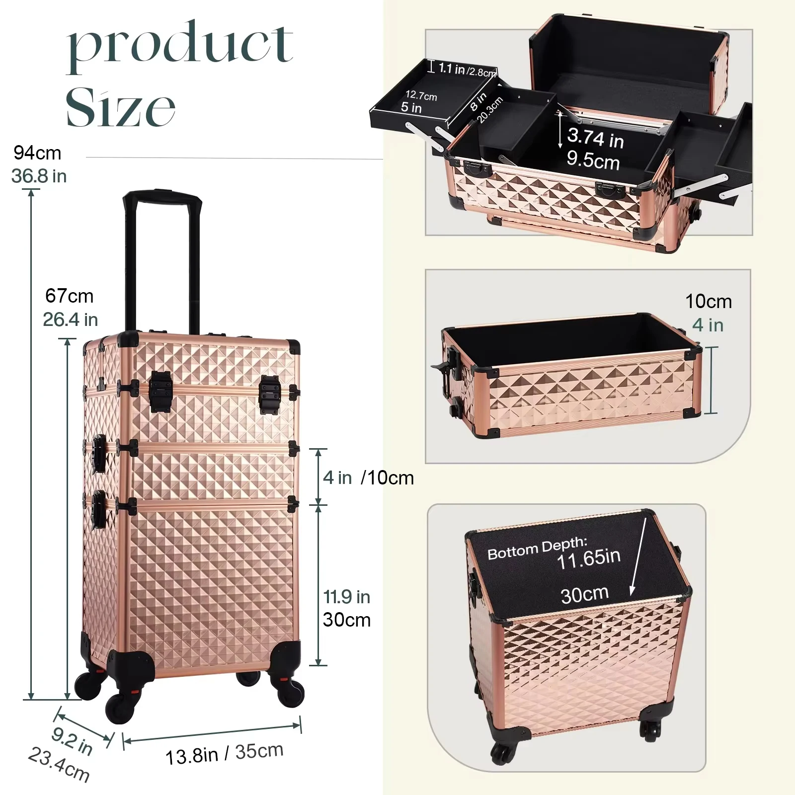 Rollende make-upkoffer 3-in-1 verwijderbare make-upkoffer Cosmetologiekoffer op wielen Afsluitbare make-uptrolley met grote capaciteit voor salon