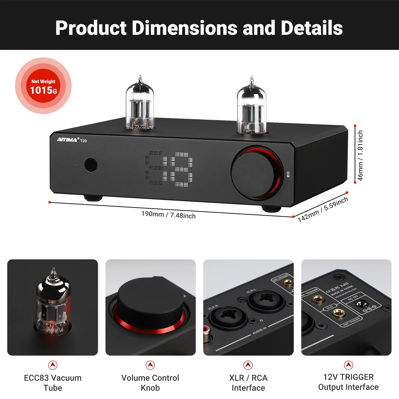 AIYIMA T20 Vacuum Tube Preamplifier  ECC83 Fully balanced Preamp RCA  XLR Input HiFi Stereo DAC   AMP 12V  Trigger output