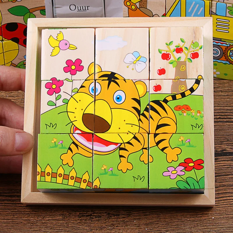 赤ちゃん,動物,果物,交通,認識,6面キューブ,子供向けのジグソーパズルゲーム用の木製ブロックおもちゃ