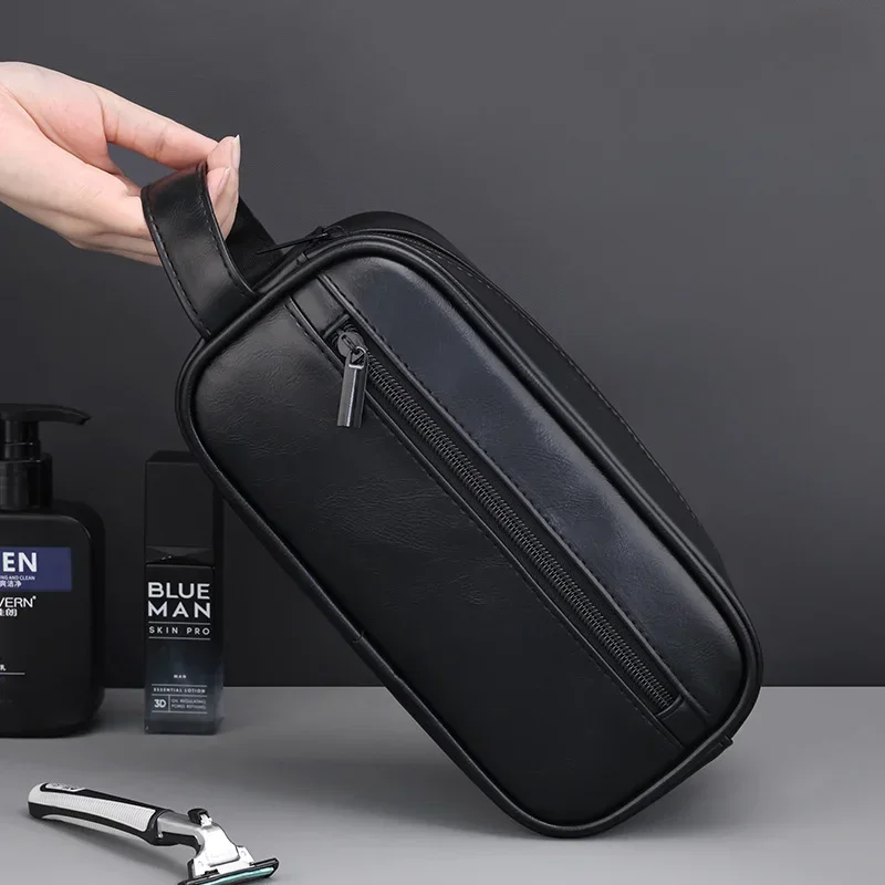 Bolsa de lavado de cuero para hombre, bolsa de cosméticos portátil para viajes de negocios, gran capacidad, diseño multibolsillo, bolsa de lavado de cuero de mano