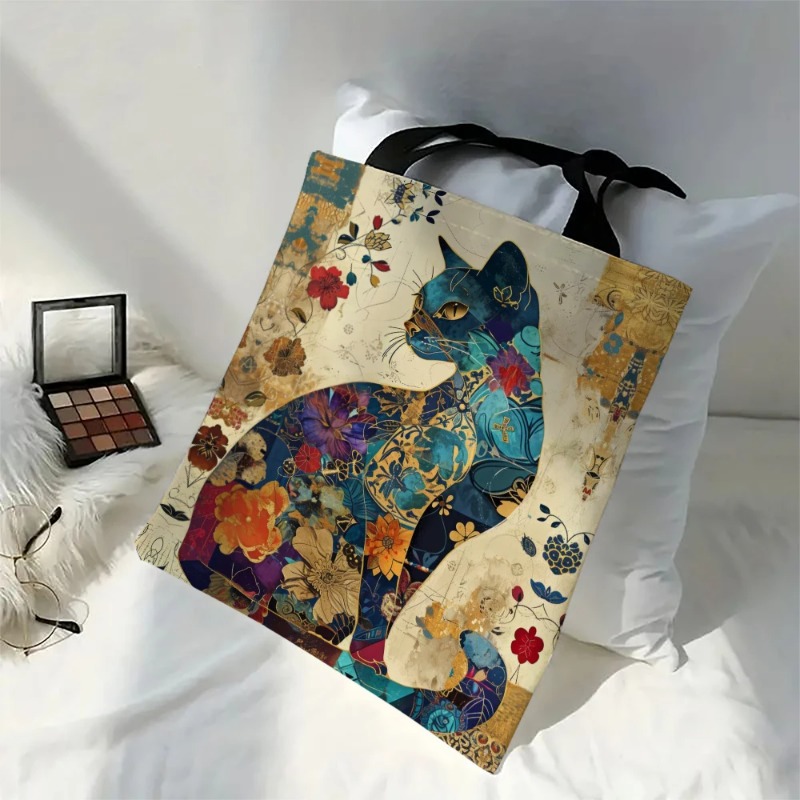 Borsa tote con motivo gatto floreale, borsa a tracolla per scuola in tela estetica, borsa per la spesa leggera