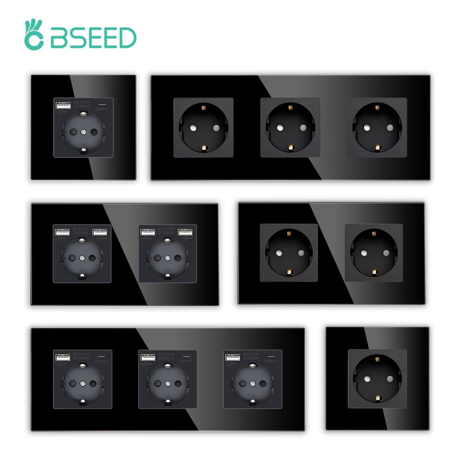 BSEED Одинарная стеклянная розетка европейского стандарта с настенными USB-розетками Двойные электрические розетки Тройные розетки Порты USB Type-C Черный 16A