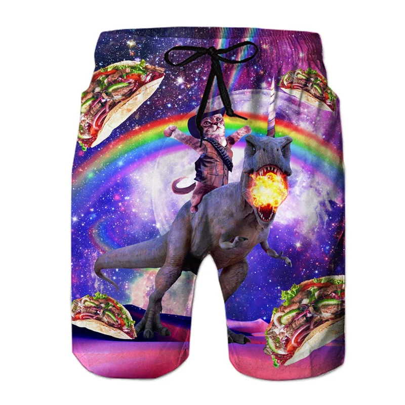 Short de plage avec graphiques de chat dinosaure drôle pour hommes, short de planche de surf avec impression d'animaux en 3D, maillot de bain hawaïen d'été, short de glace fraîche