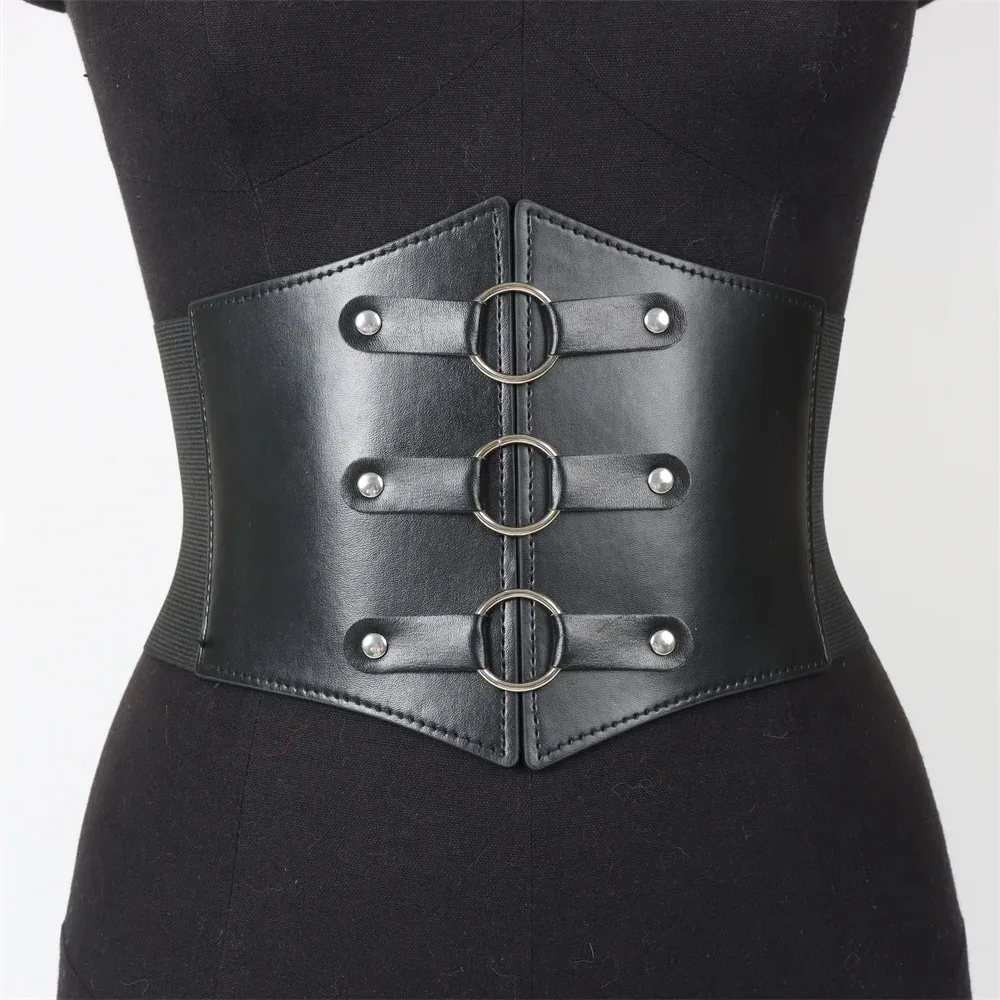 Cinto de espartilho gótico elegante, fivela tripla com rebite preto, cintura elástica waspie para mulheres punk, perfeito para casacos