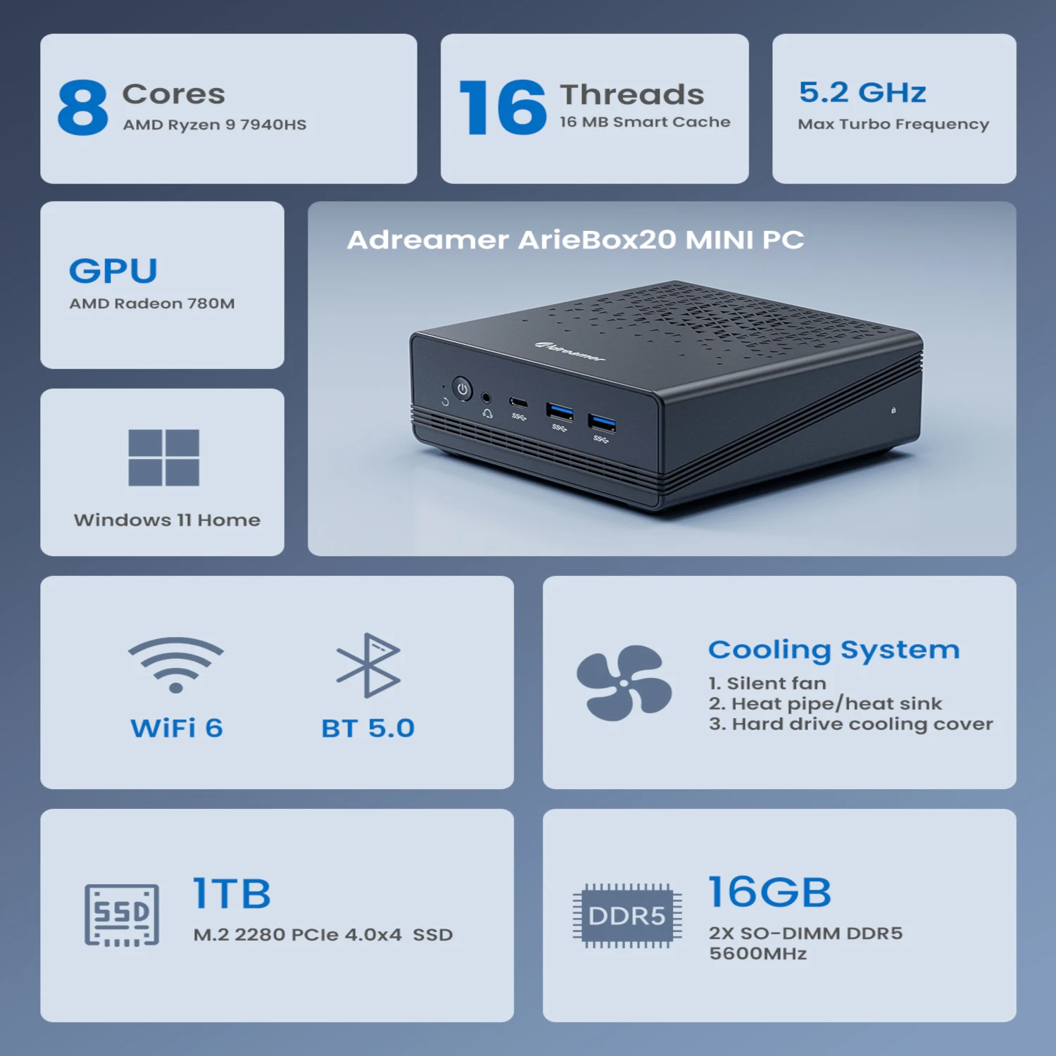 Adreamer Mini PC AriesBox AMD Ryzen R9 7940HS 8GB RAM DDR4 Desktop Computer WiFi Bluetooth Win11 OS For Business Office