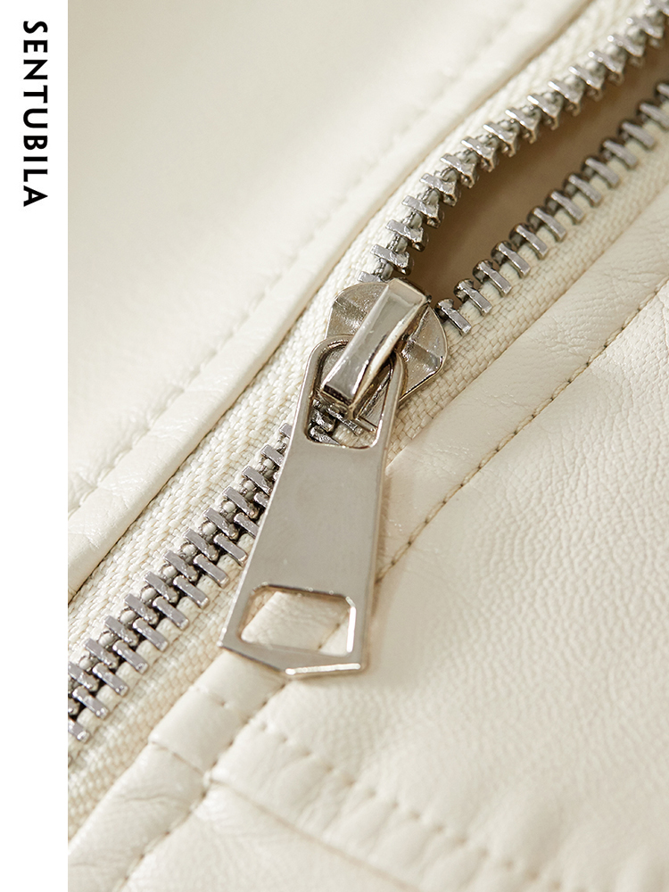 SENTUBILA-Chaqueta corta de piel sintética para mujer, Cazadora Bomber con solapa y cremallera, color negro, para otoño e invierno, W33G50291, 2023