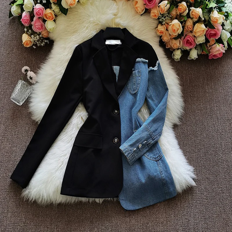 Chaqueta vaquera de retazos Vintage para Mujer, chaqueta asimétrica de manga larga con muescas, abrigo de oficina, primavera y otoño