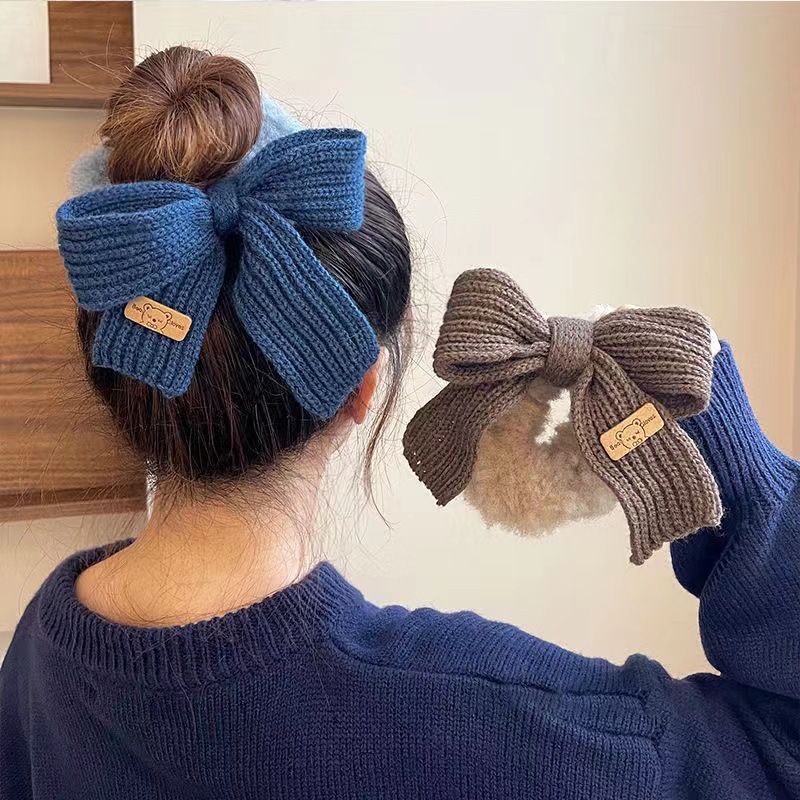 Outono e inverno suave malha lã arco corda de cabelo da menina doce e versátil grande anel de cabelo cabeça corda de borracha de cabelo