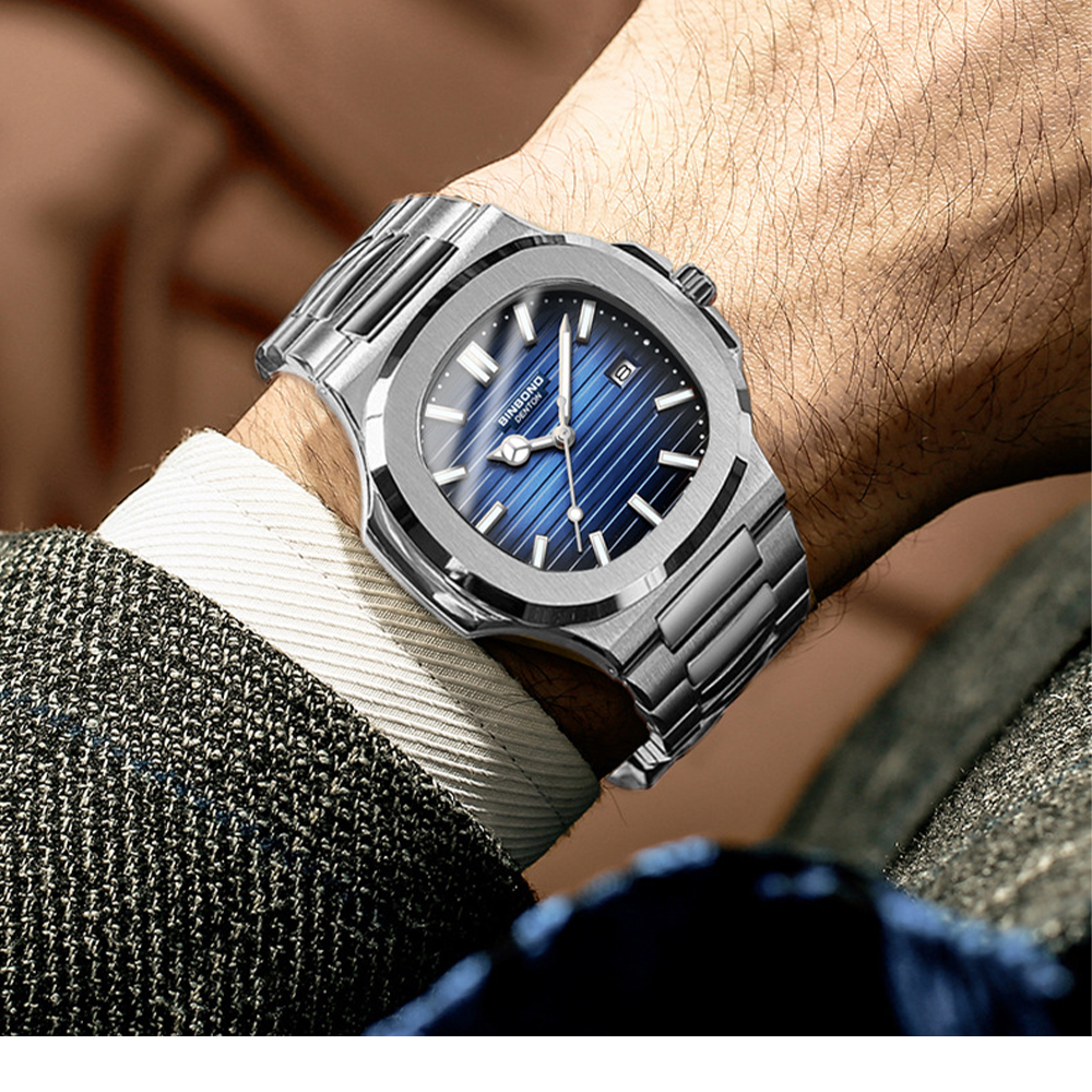 Binbbon-メンズステンレススチール防水時計,ラウンドクォーツ,日付表示,ラグジュアリー,新品