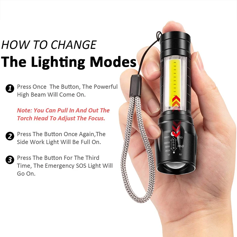 Portable Rechargeable Zoom LED Flashlight Mini Flash Light Torch Lantern 3 Lighting Modes Camping Lamp