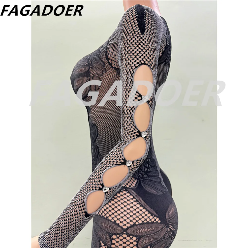 FAGADOER, monos ajustados elásticos de encaje grueso a la moda para mujer, monos transparentes de manga larga de una pieza, ropa ajustada para discoteca para mujer