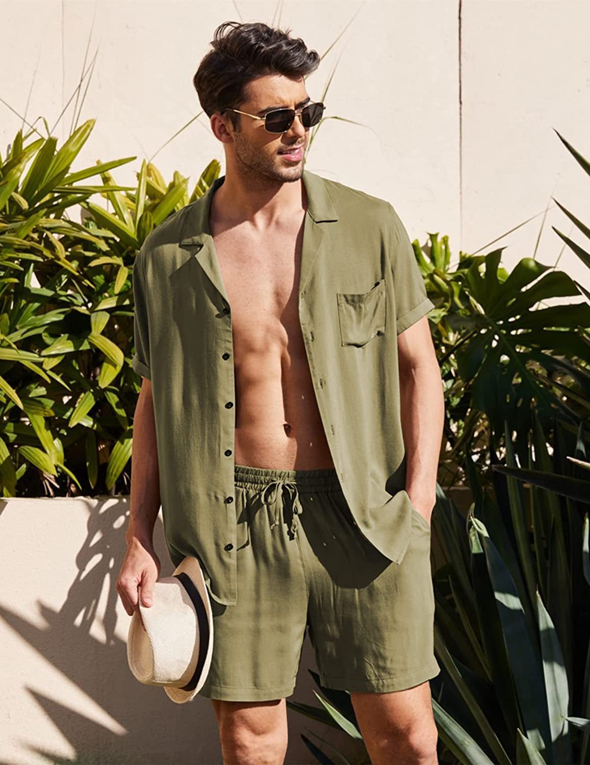 Verão camisa de linho de algodão conjunto dos homens casual ao ar livre terno de 2 peças andhome roupas pijamas confortável respirável praia conjuntos de manga curta