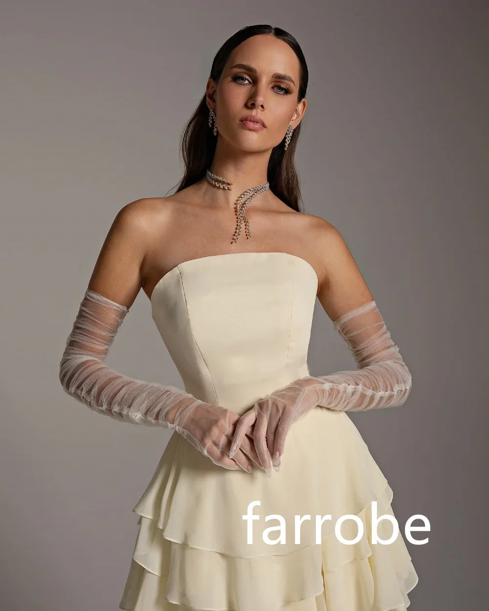 ストラップレスシフォンロングドレス,カスタム,ラインa,プリーツ,段付き,モダンスタイル,スペシャル,クラシック,絶妙,オーダーメイド