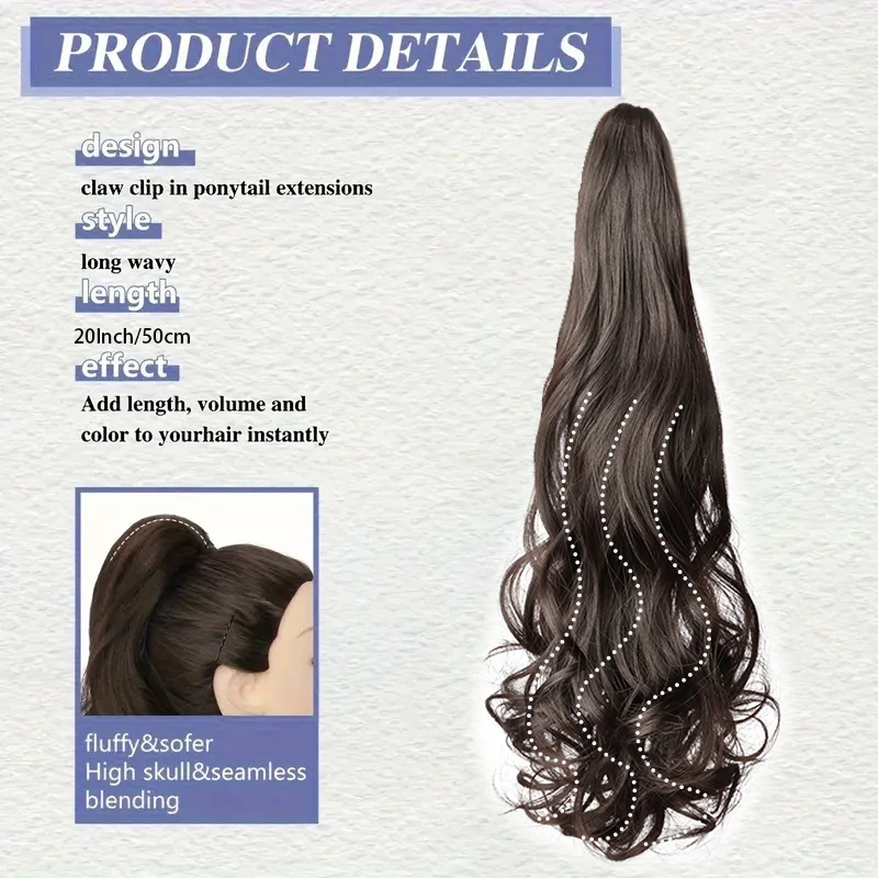 20 Zoll synthetischer langer lockiger Pferdeschwanz hitzebeständige Klaue Clip-in-Haarverlängerung schwarzbraunes Haarteil für Frauen im Alltag