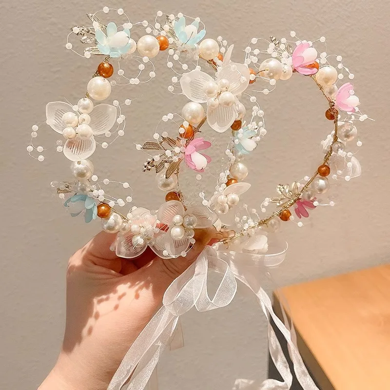 Grinalda das crianças princesa acessórios de cabelo fada menina flor pérola streamer chapelaria doce menina floco de neve net vermelho bandana