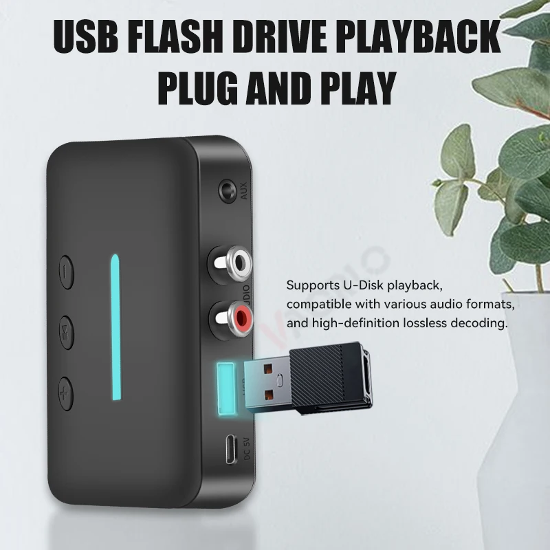USB Bluetooth 5.3 Audio Receiver Adapter Wireless Stereo Music 3.5mm AUX R/L RCA Support U-Disk Playback Desktop Speaker Amp